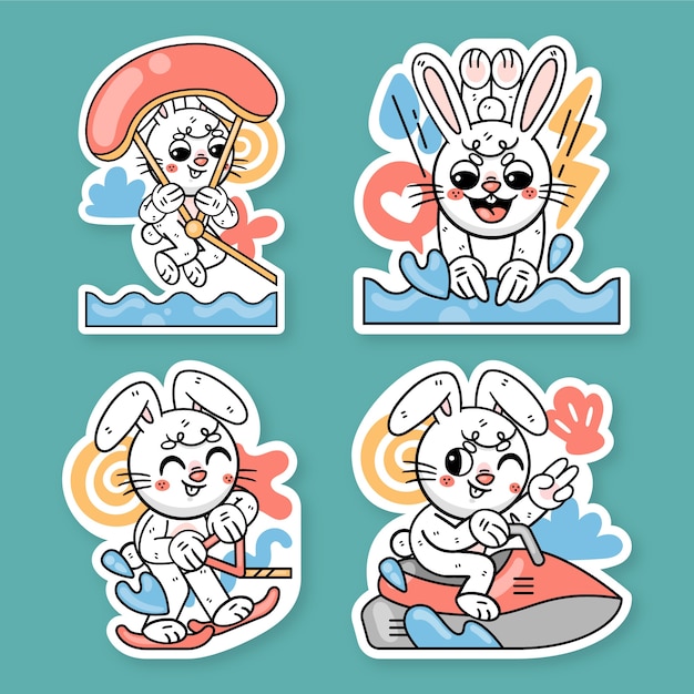 Free vector water sports stickers collection with ronnie the bunny