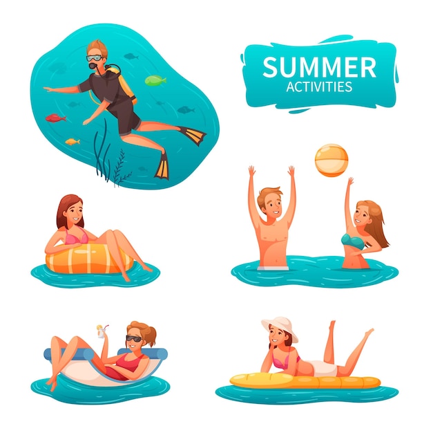 수상 스포츠 및 여름 활동 아이콘은 공을 가지고 노는 다이빙과 편안한 만화 격리 벡터 일러스트와 함께 설정됩니다.