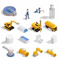 Free vector water supply isometric set with purification reservoir pipeline digger excavator tower bathtub toilet sink plumber vector illustration