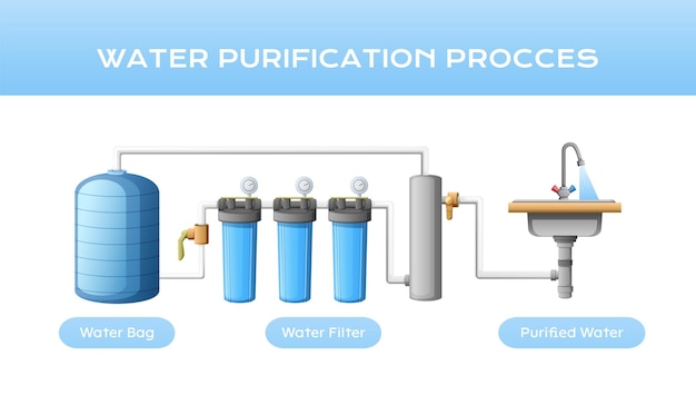 Composizione di purificazione per la pulizia del trattamento dell'acqua con diagramma per filtri a sacco d'acqua e lavandino con illustrazione vettoriale di acqua purificata