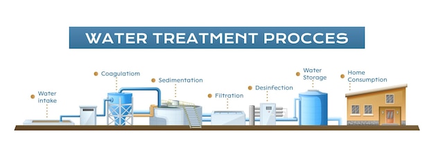 Vettore gratuito composizione di purificazione di pulizia di trattamento delle acque con il diagramma orizzontale degli impianti industriali con i puntatori e l'illustrazione di vettore dei sottotitoli di testo