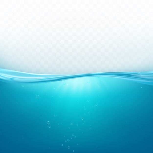 Water wave surface, liquid ocean line or sea underwater level with air bubbles background, blue fresh aqua in motion