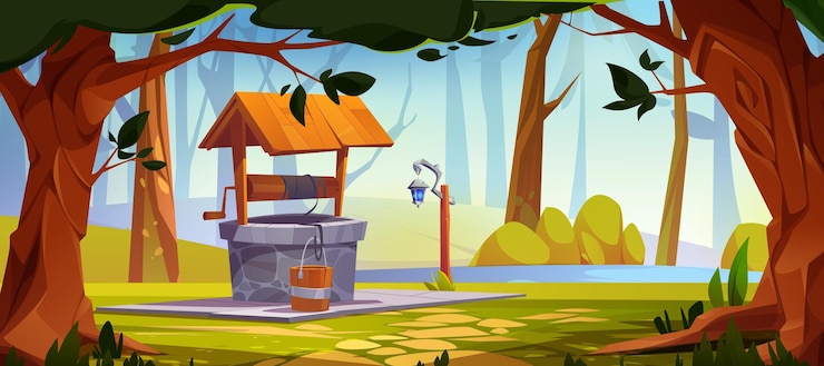 Free Vector water well in forest on shore of lake