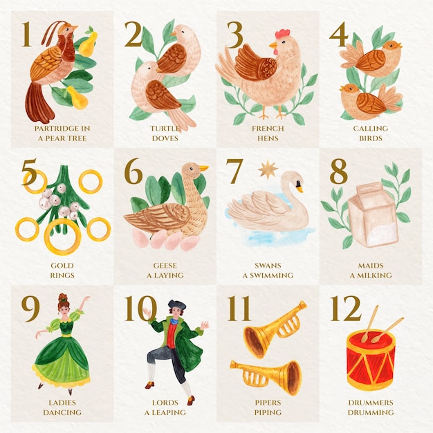 Free vector watercolor 12 days of christmas illustration