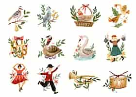 Free vector watercolor 12 days of christmas illustration