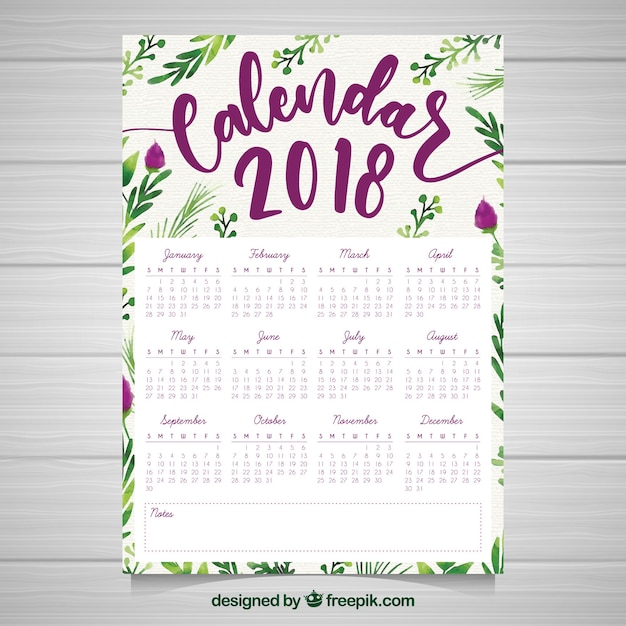 Free vector watercolor 2018 calendar