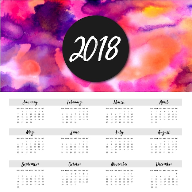 Calendario annuale del nuovo anno dell'acquerello 2018