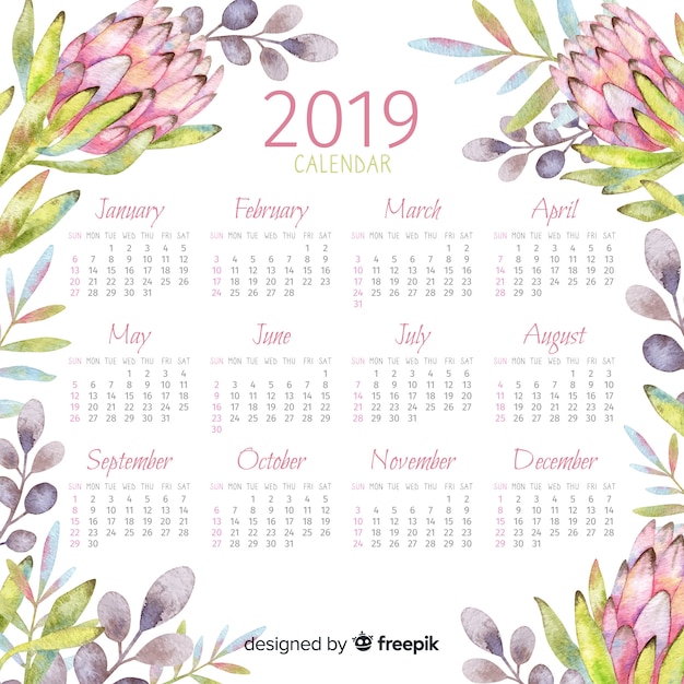 Watercolor 2019 calendar 