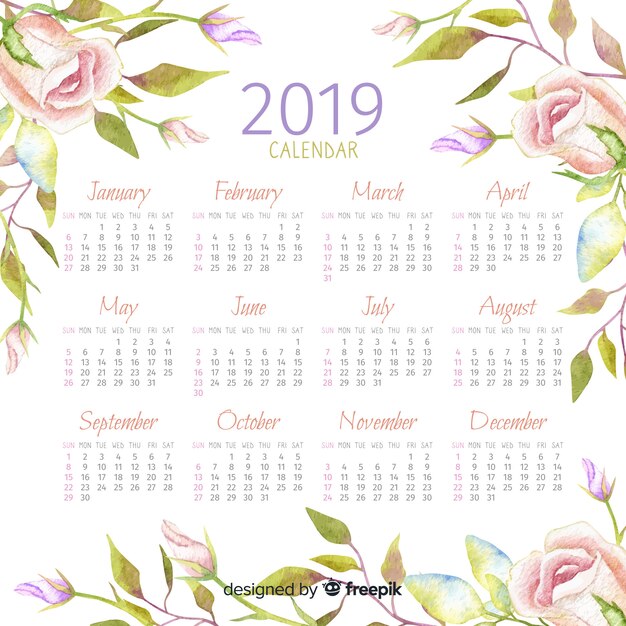 Watercolor 2019 calendar 