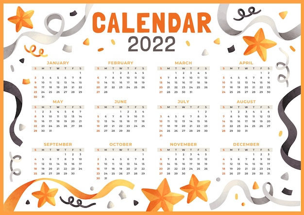 Vettore gratuito modello di calendario dell'acquerello 2022