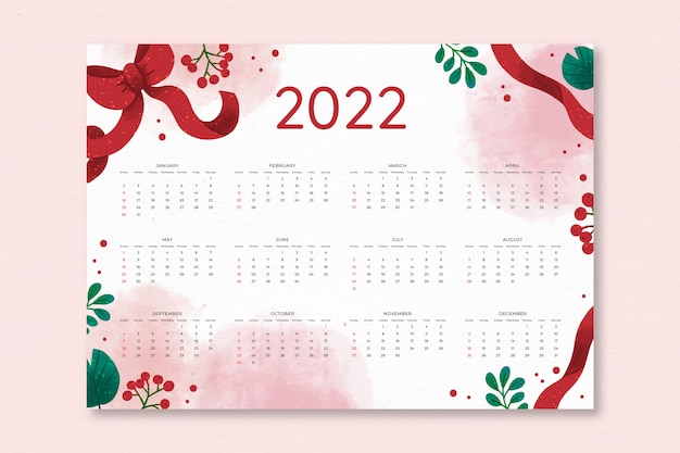 Free vector watercolor 2022 calendar template