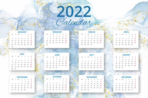 Modello di calendario dell'acquerello 2022