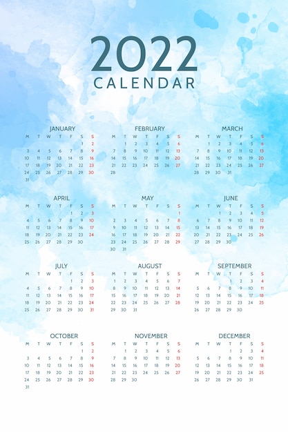 Free vector watercolor 2022 calendar template