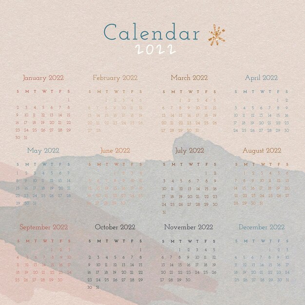 Шаблон ежемесячного календаря акварель 2022, эстетический дизайн вектор