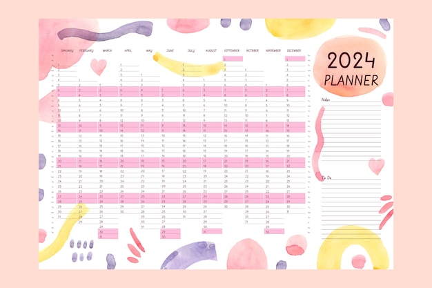 Free vector watercolor 2024 annual planner template