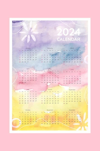 Free vector watercolor 2024 calendar template