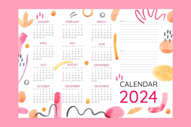 Vettore gratuito modello di calendario acquerello 2024