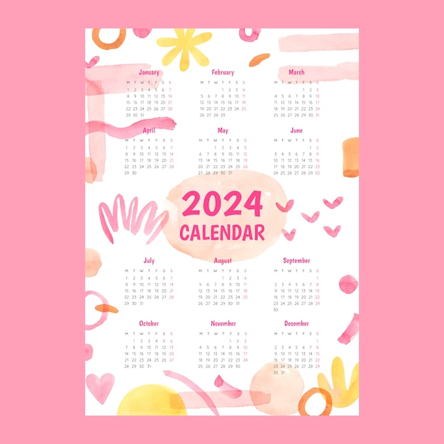 Free vector watercolor 2024 calendar template