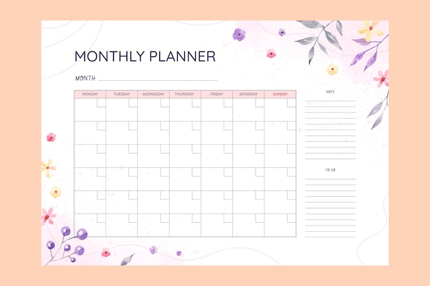 Free vector watercolor 2024 monthly planner template