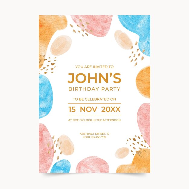 Free vector watercolor abstract shapes birthday invitation