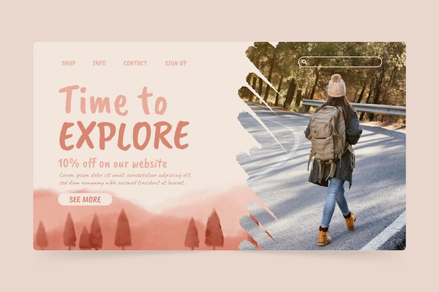 Watercolor adventure landing page template with photo