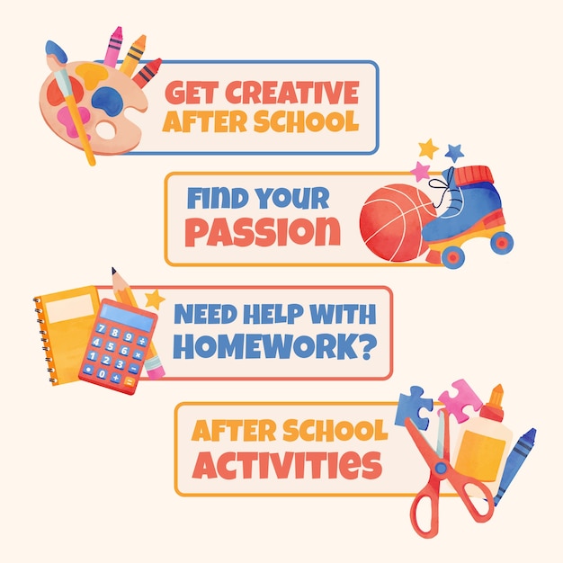 Free vector watercolor after school activities labels template