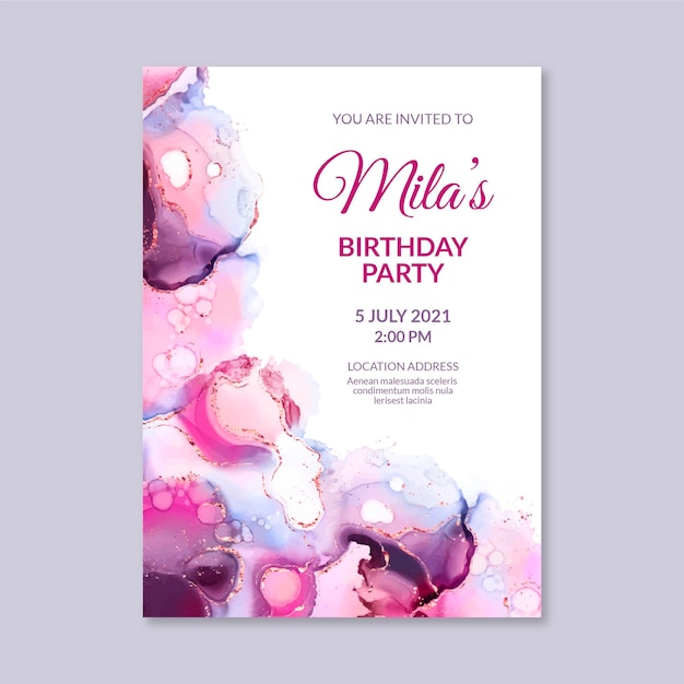 Watercolor alcohol ink birthday invitation template