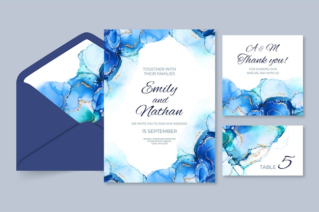 Free vector watercolor alcohol ink wedding stationery collection