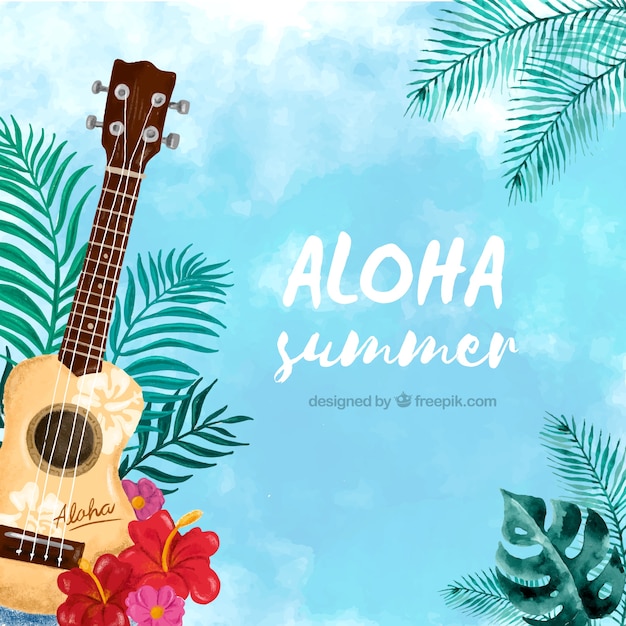 Watercolor aloha background with ukulele