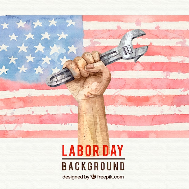 Free vector watercolor american flag background and hand with wrench