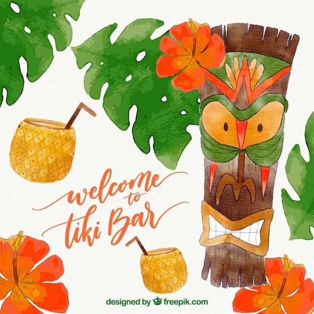 Watercolor angry tribal totem with coconut cocktails