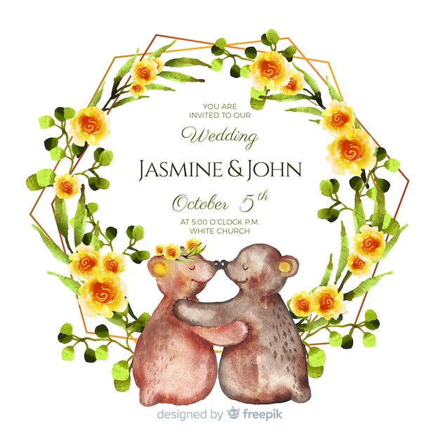 Free vector watercolor animal wedding invitation template