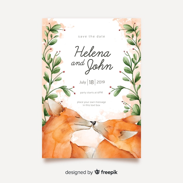 Free vector watercolor animals wedding invitation template