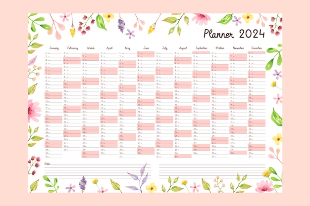 Акварельный шаблон ежегодного календаря 2024 года