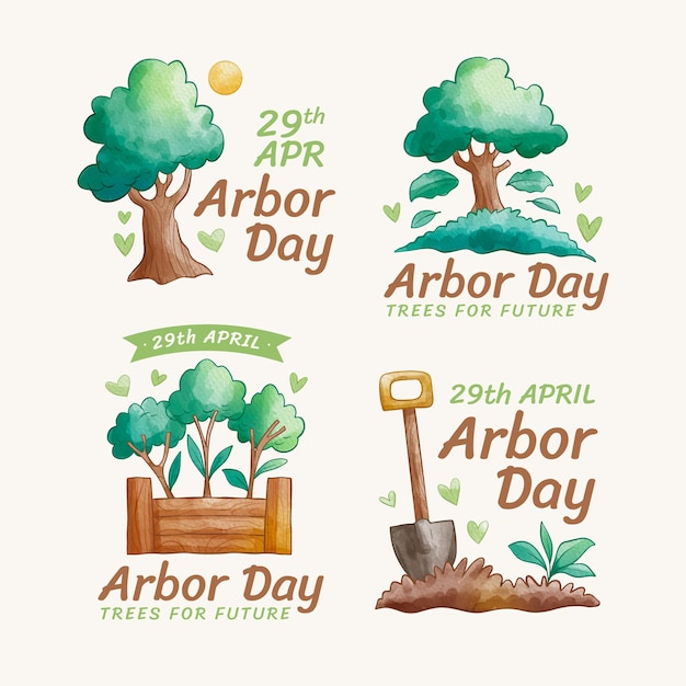 Free vector watercolor arbor day labels collection