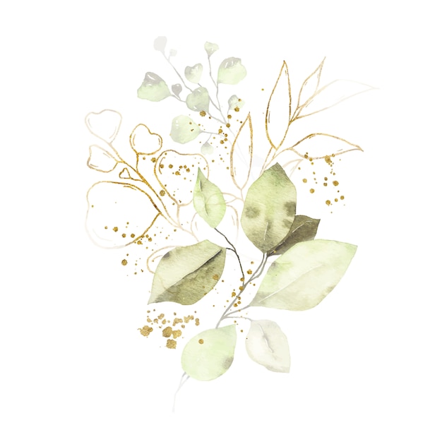 Акварельная композиция с зелеными листьями, букет золотых трав