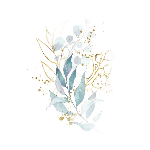 Watercolor arrangement with green leaves golden herbs bouquet