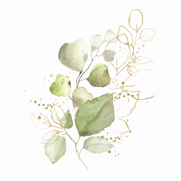 Watercolor arrangement with green leaves golden herbs bouquet