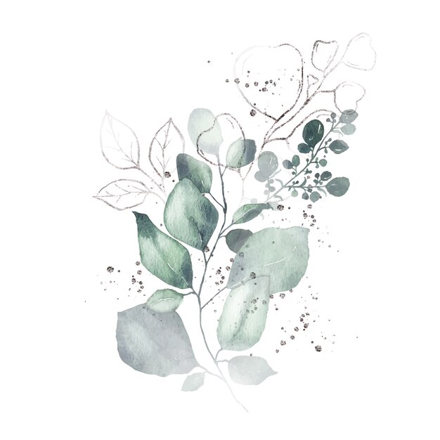 Watercolor arrangement with green leaves silver herbs bouquet isolated