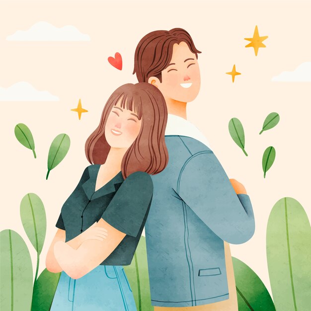 수채화 아시아 커플 그림