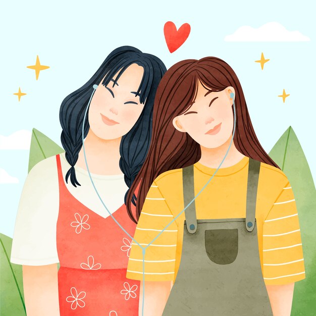 Watercolor asian couple illustration