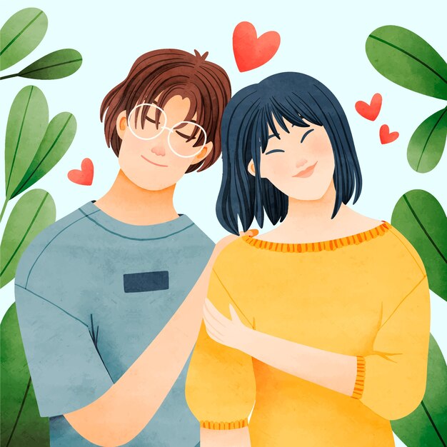水彩アジア カップル イラスト