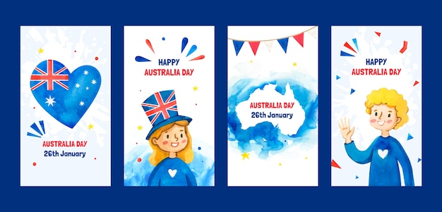 Free vector watercolor australia day instagram stories collection