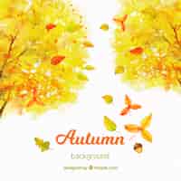無料ベクター 黄色の木々と水彩の秋の背景