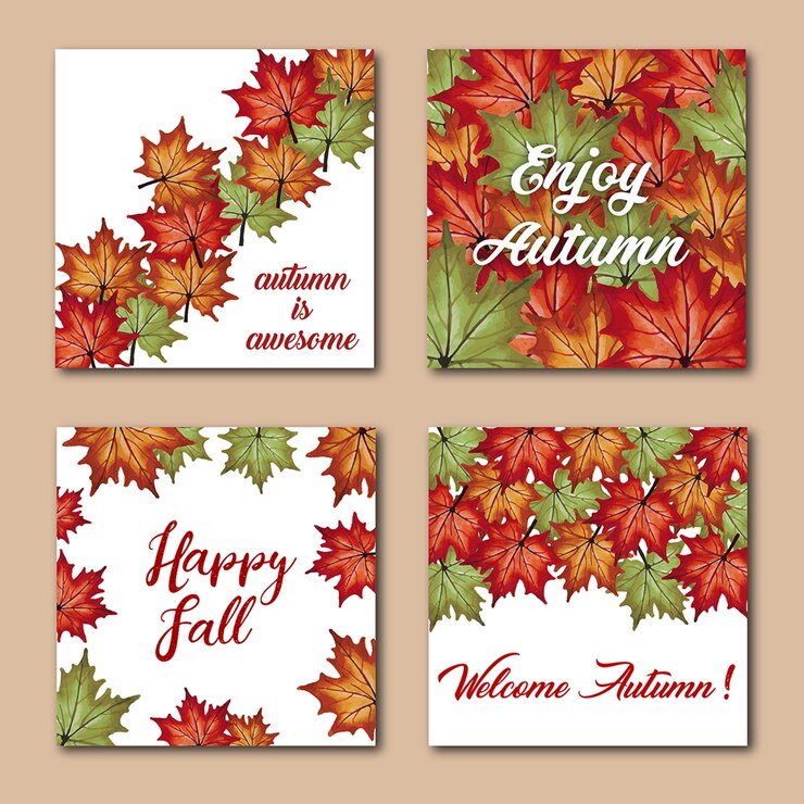 Free Vector watercolor autumn cards with red, orange, yellow and green leaves