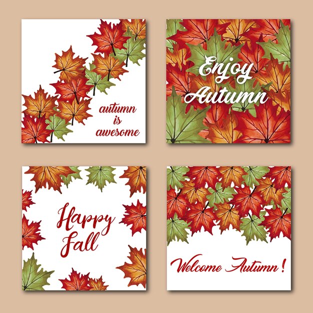 レッド、オレンジ、イエロー、グリーンの葉の水彩秋カード