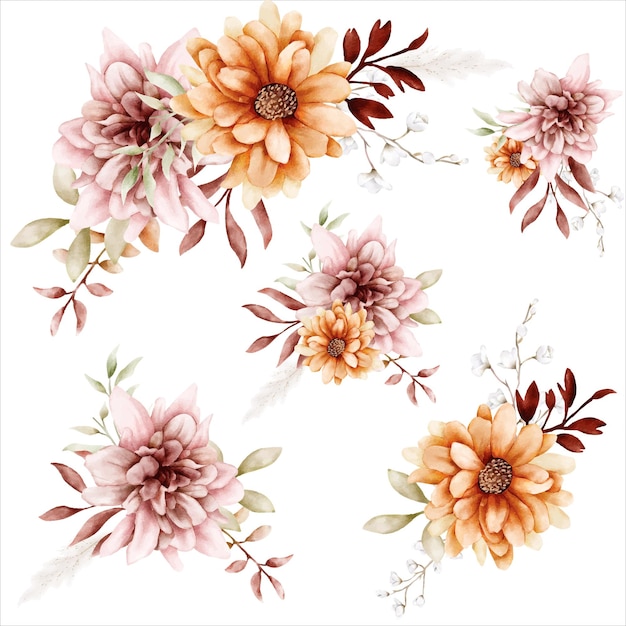 수채화가 꽃과 나뭇잎 꽃다발 컬렉션