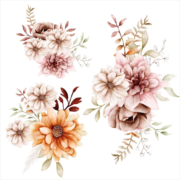 Watercolor autumn flower and leaves bouquet collection