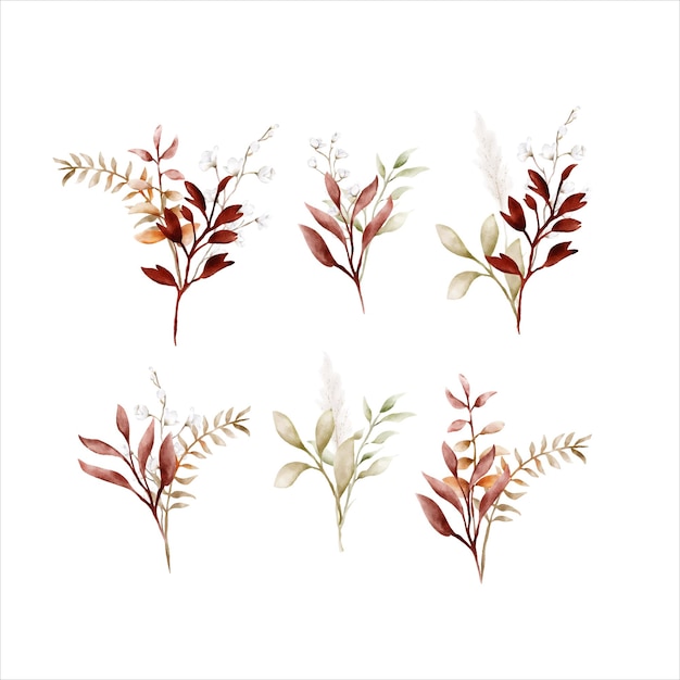 Free vector watercolor autumn flower and leaves bouquet collection