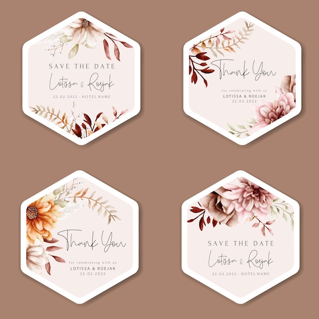 Free vector watercolor autumn flower and leaves label collection